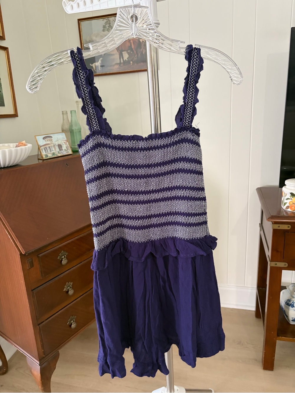 Women’s Navy Blue Smocked One-Piece Romper